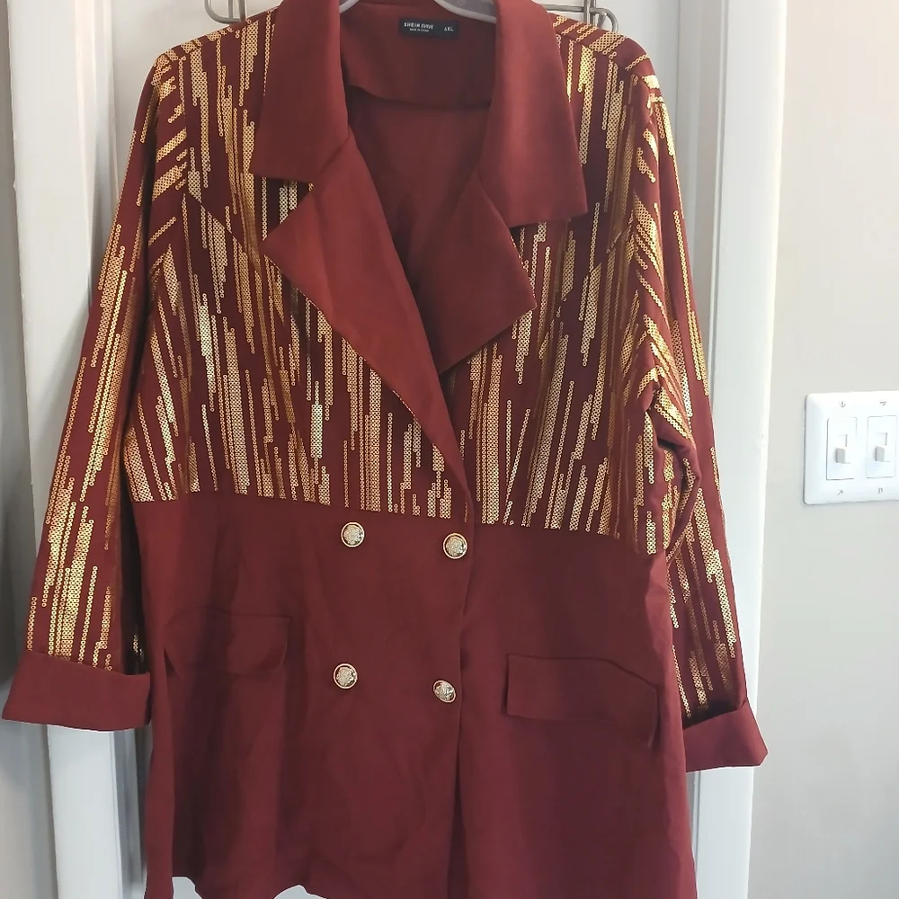 Burgundy & Gold Metallic Suede Feel Double Breasted Blazer Jacket 4X NWOT